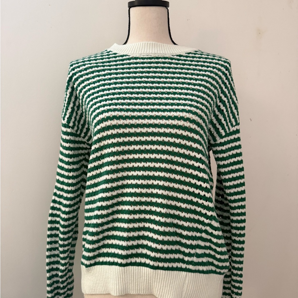 Spiritual Gangster Green and White Striped Crew Neck Sweater